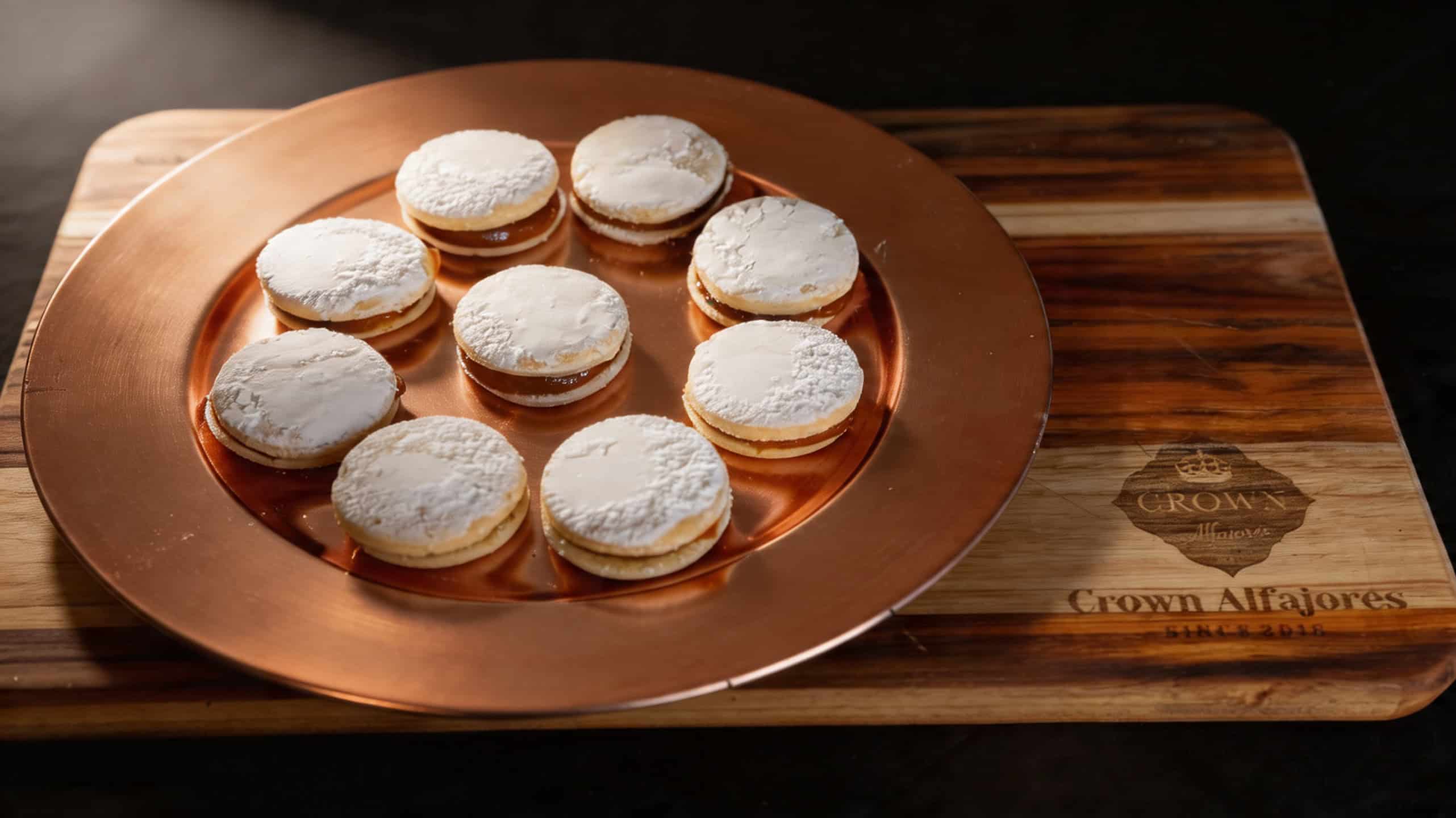 Close-up of classic Crown Alfajores on a copper plate with dulce de leche filling