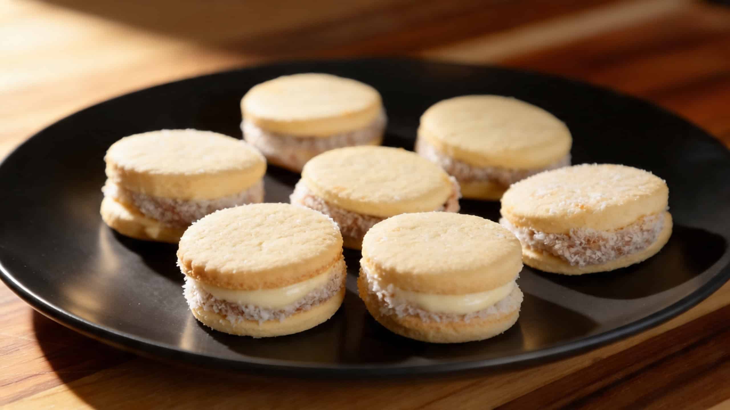 Coconut-rimmed alfajores with dulce de leche on a matte black plate