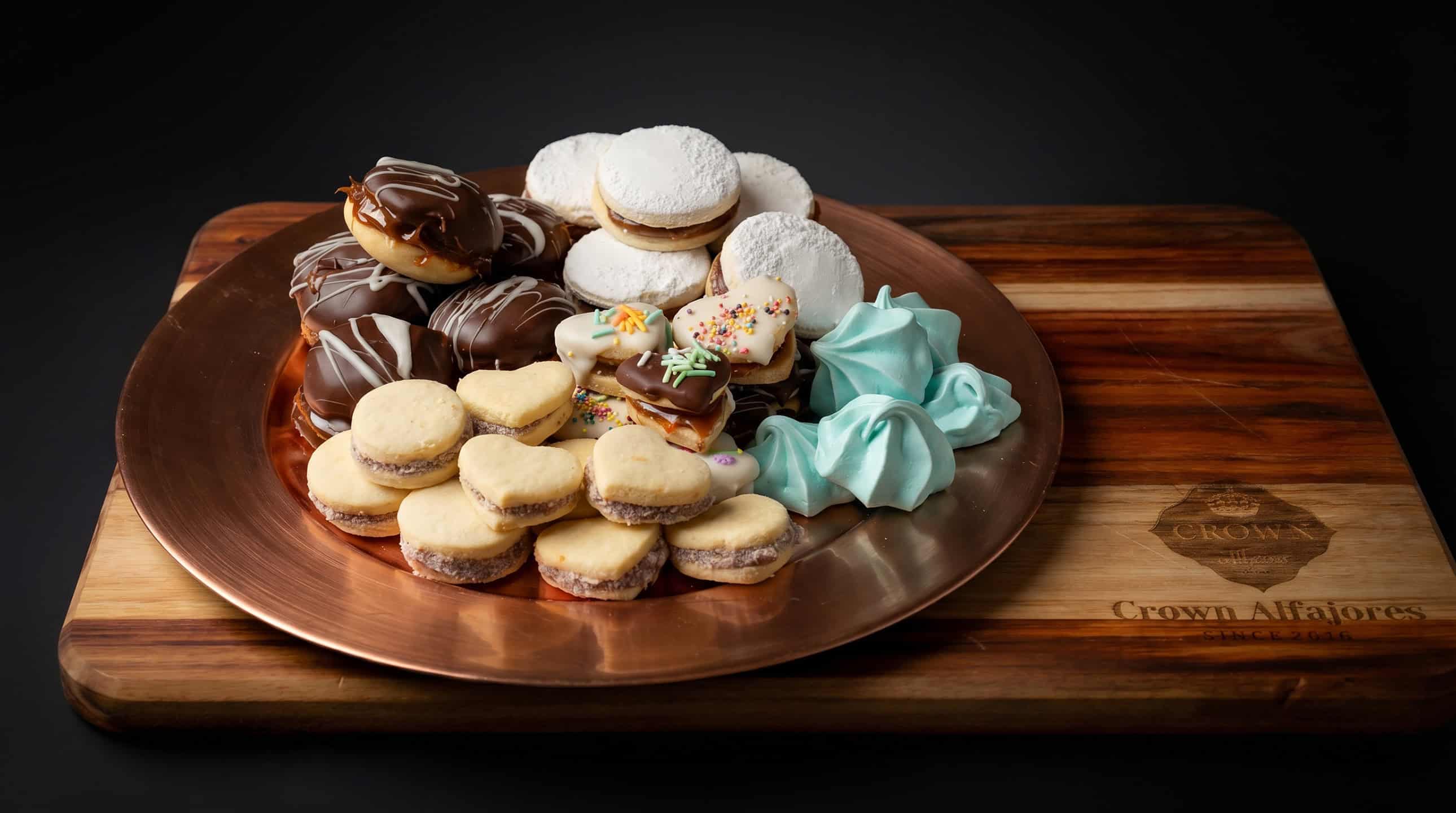 Decorated alfajores with colorful sprinkles and chocolate ganache